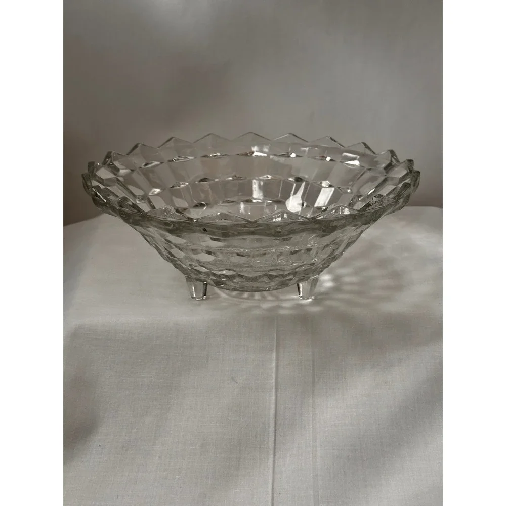 Indiana Glass Whitehall Clear Footed Bowl 10 Inch Cubist‎ Geometric Vintage